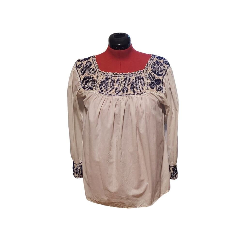Blue and white beaded tunic with long sleeves and square neck, size large*